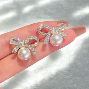 NEW Gold Bow Classic Faux Pearl Formal Earrings Cocktail Wedding Bridal Jewelry